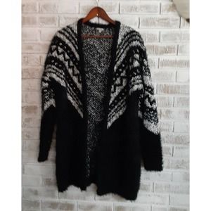 Ecote' Long Sweater Cardigan Black & White Furry Knit sz S